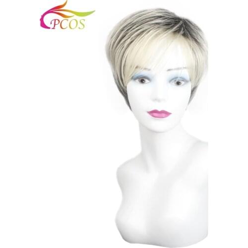 Short Synthetic Straight Blonde Mix Dark Color Wigs with Bangs Heat Resistant Cosplay Wig for Black Women