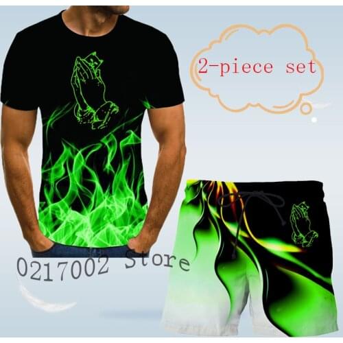 Mens suit short sleeve palm cat 3D T-shirt shorts summer casual flower shirt beach two-piece set 2021 new mens 2-piece set