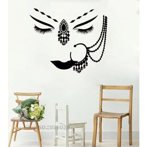 New Design Vinyl Wall Decal India Hindu Girl Face Eyes Piercing Beautiful Woman Face Wall Sticker For Bedroom Home Decor LC549