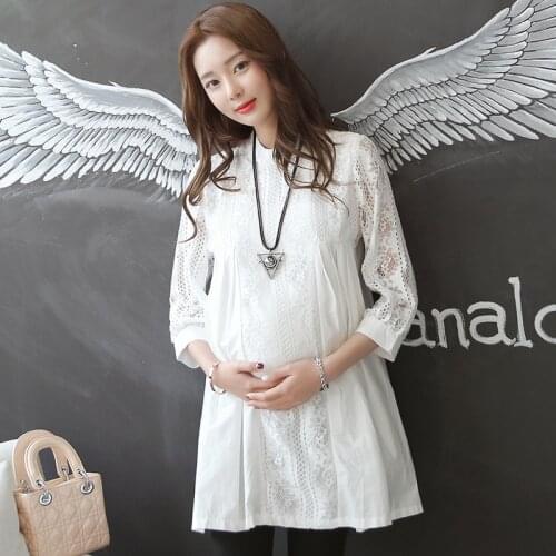 Envsoll 2019 Autumn Maternity Dresses White Lace Dress Pregnant Women Korean Maternity Shirt Pregnant Clothes Clothing Vestidos
