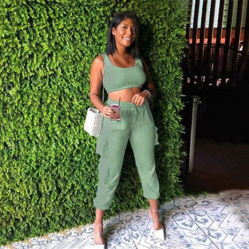 Adogirl Casual Women Yoga Tracksuit Solid Color Crop Tank + Drawstring Pants With Pocket 2021 Summer Clothes Outfits 2 Piece Set