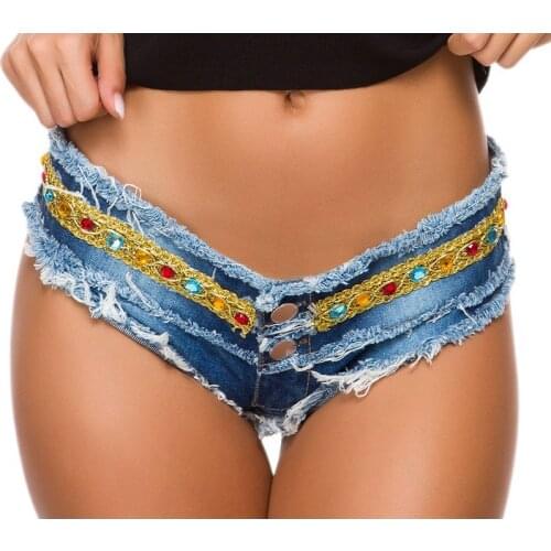 Sexy Women Low Rise Mini Denim Shorts Cute Booty Shorts Thong Cheeky Jeans Shorts Stone-mounted Hotpants
