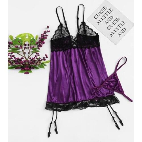 Sexy Women Nightgowns Sleepwear + Thong Style Lace Flowers Nightdress Night Dress Home Wear Hot Satin 2Pcs Erotic Underwear *S