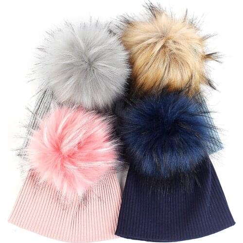 Lovely Baby Ribbed Style Beanie Hat For Kids Children Beanies With Faux Fake Fur Pompom Knitted Cap Soft Warm Skullies Bonnet