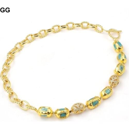 GuaiGuai Jewelry Green Turquoise With Electroplated Edge Cubic Zirconia Pave Beads Gold Plated Chain Choker Necklace 17.5"