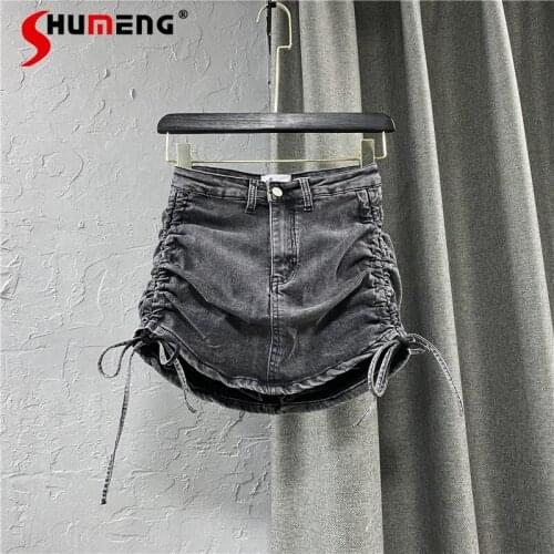 Womens White Gray Denim Short Skirt Summer 2021 New Elegant Slim Office Lady Sheath Skirt Pleating Lolita Jean Skirts Female