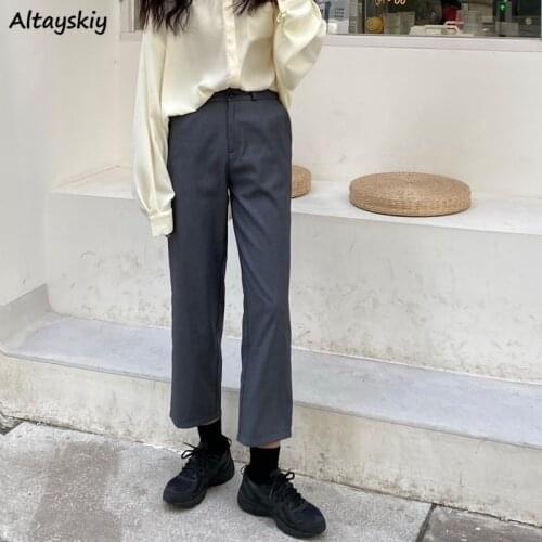 Pants Women OL Elegant Korean Style All-match Leisure Elastic Female Ankle-Length Streetwear High Waist Straight Solid Trouser