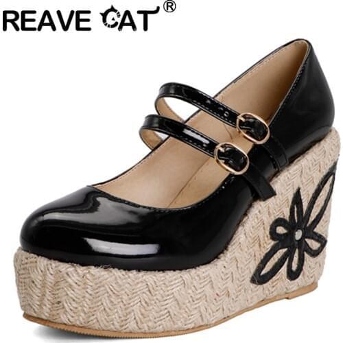 REAVE CAT New 2021 Women Pumps Round Toe 12.5cm High Wedges Heels Patent Leather Buckle Platform Flower Big Size 48 Casual A3708