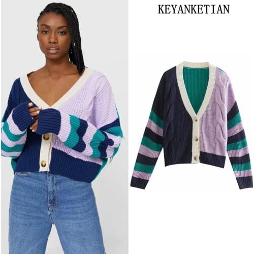 KEYANKETIAN Za Womens Button Knitted Color Block Sweater Jacket Retro V-neck Puff Sleeve Jacket Cardigan Top Ladies Autumn New