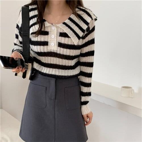 2021 Mujer Knitted Women Tops Sailor Collar Striped Loose Pullovers Sweaters OL Fashion Hot Casual Outwear Autumn
