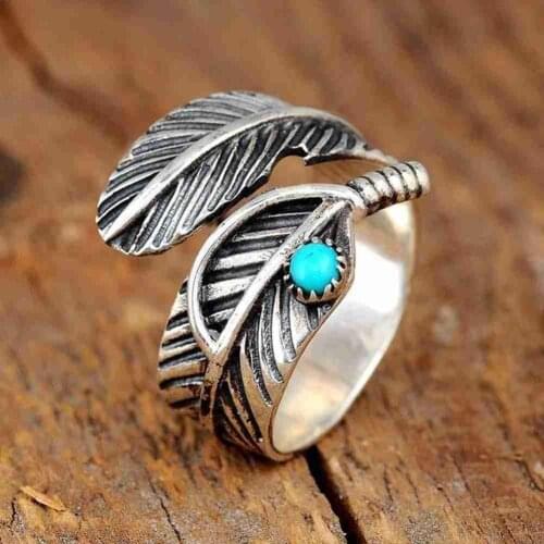 Bohemia Leaf Feather Rings For Women Female Turquoises Thumb Ring Adjustable Boho Party Fashion Jewelry Statement Ring