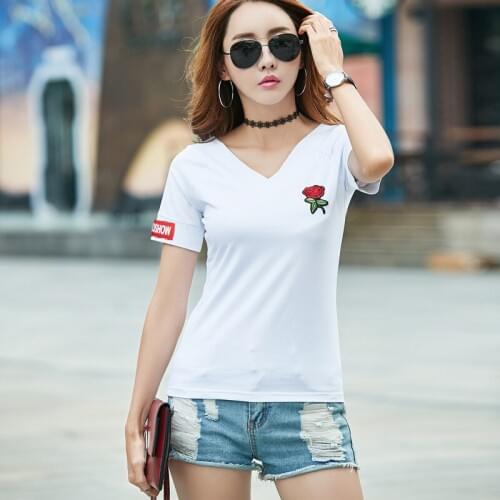 White t-shirt woman short-sleeved summer dress 2019 new female v-collar rose embroidery trimming wish coat