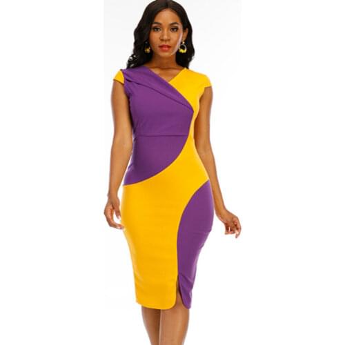 Women Dress Elegant Bodycon V Neck Sleeveless Yellow Purple Contrast Vestidos Big Size Female Party Date Night Dinner Wear