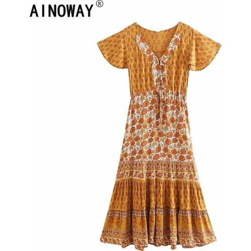 Vintage chic women yellow floral print bat sleeve beach Bohemian Maxi dresses Ladies V neck Tassel Summer Boho sundress vestidos