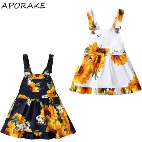 2021 0-5Y Casual Kids Baby Girl Dress Summer New Sunflower Print Square Collar Pockets A-line Overalls Sundress