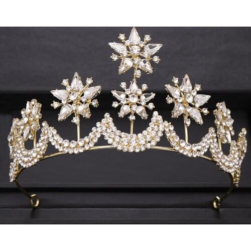 Trendy Baroque Star Rhinestones Crystal Bridal Queen Crown Gold Wedding Tiara Bride Diadem Headpiece Wedding Hair Accessories