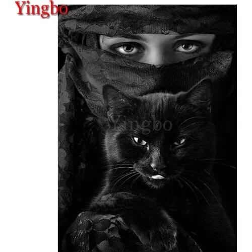 DIY Diamond Painting Islamic Woman And Black Cat Diamond Embroidery Cross Stitch 3D Picture Of Rhinestones Mosaic Kit Home Decor