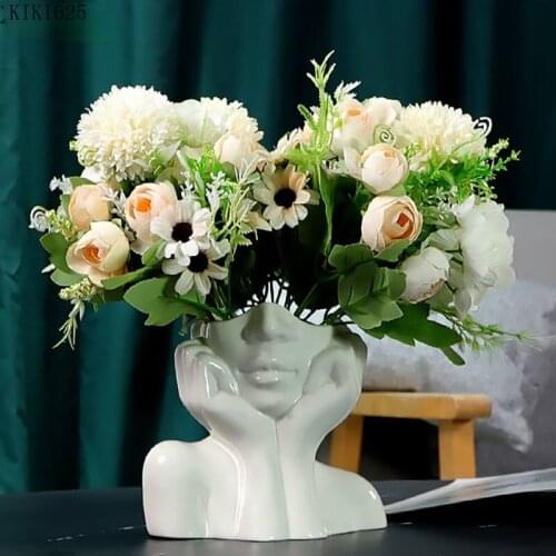 White Ceramic Bust Portrait Vase Flower Arrangement Plant Potted Abstract Figure Hydroponic Vase Living Room Countertop Decor