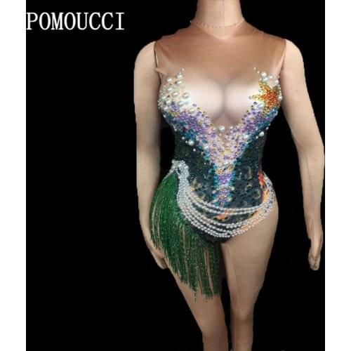 2020 Women New Fringed Pearl Shiny Rhinestone Sexy Bodysuit Sparkling Crystals Bodysuit Outfit Birthday Celebrate Costume
