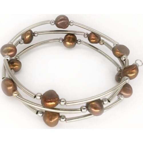 7.5-8 inches 8-9mm Chocolate Natural Baroque Pearl Lady Memory Wire Bracelet