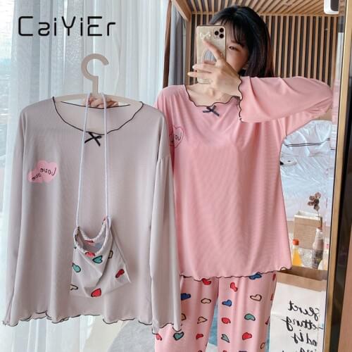 CAIYIER New Pink Long Skirtv Loving Heart Printing Nightgown Women Long Sleeve Nightdres Autumn Round Neck Thin Leisure Pajamas