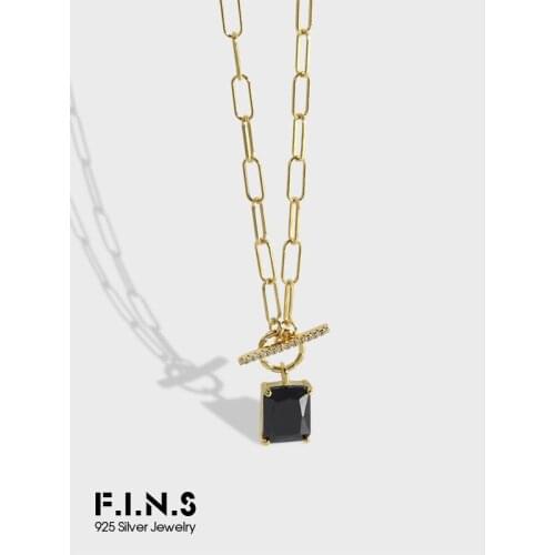 F.I.N.S Black Square Zircon Cuban Chain S925 Sterling Silver Necklace Pendants for Women OT Bar Clavicle Chain Fine Jewelry