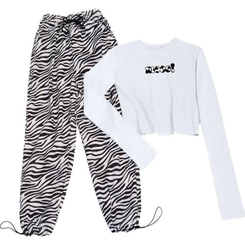 Letter Print Cotton All-match Crop Top Long Sleeve Harajuku T Shirt High Waist Sweatpant Casual Aesthetic Girls Stripe Goth Pant