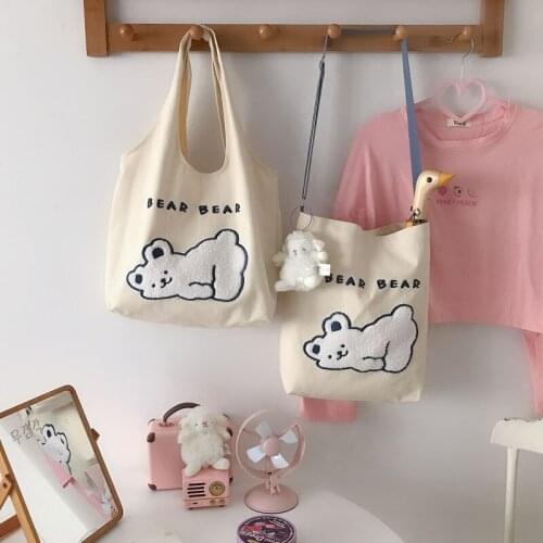 Hylhexyr Cute Bear Canvas Shoulder Bag Woman Casual Tote Female Portable Cloth Handbag Simple Schoolbag For Students Girls