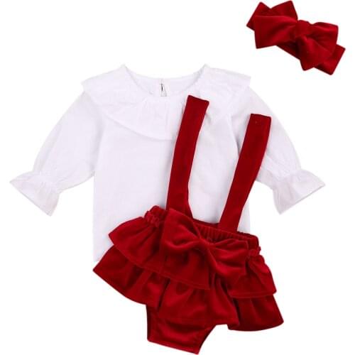 3Pcs Newborn Toddler Baby Girl Clothes Ruffles Collar T shirt+Red Velvet Bow Suspenders Skirt Pants + Headband 0-24M Outfits