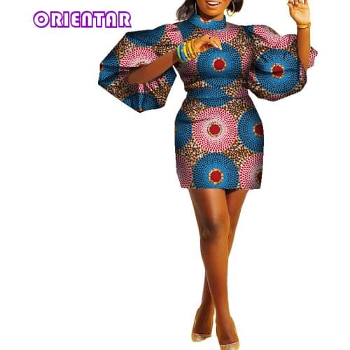 African Dresses for Women 2020 Party Puff Sleeve Short Ankara Dress Bazin Riche African Print Lady Africa Dashiki Dress WY8339