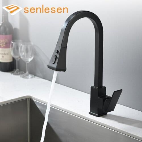 Senlesen Matte Black Kitchen Faucet Pull Out Brass Deck Mounted Tap Double Water Outlet Modes Hot and Cold Water Mixer Crane