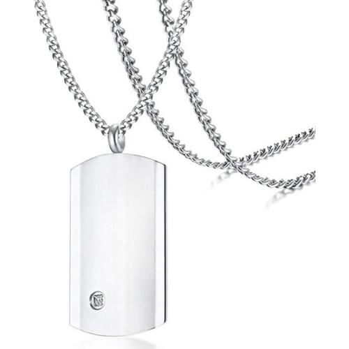 Stainless Steel Zircon Stone Silver Color Dog Tag Men Punk Rock Military Pendant Necklace Jewelry Gift For Him with Chain