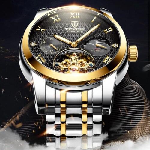 TEVISE Fashion Moon Phase Tourbillon Mechanical Watch Men Unique Design Top Brand Luxury Steel Strap Skeleton Man Watches 2020