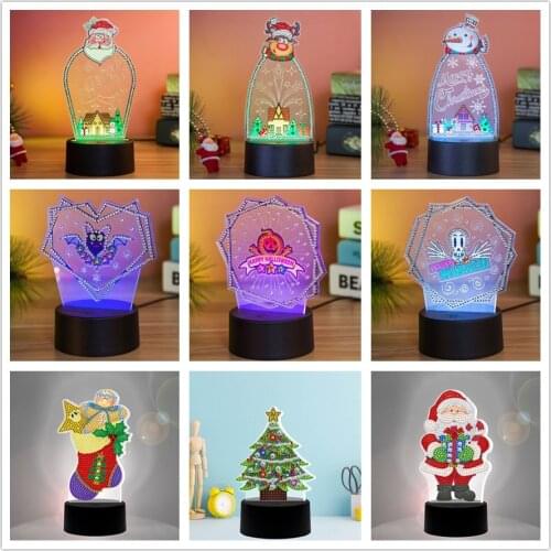 New Creative 5D Diamond Painting LED Night Lamp Snowman Halloween Decorate Desk Light Handmade Craft Holiday Kids Greeting Gift