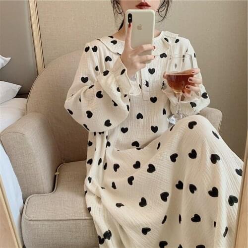 Autumn New Korean Nightdress Womens Long Sleeve Comfortable Cotton Loose Love Nightgown Home Clothes Lady Sleepwear Nightwear