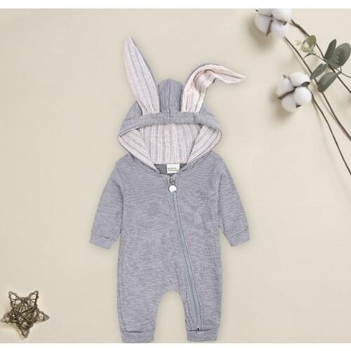 Newborn Baby Cotton Clothes Spring Autumn Rabbit Ears Hooded Long Sleeve Warm Zipper Romper One Piece Jumpsuit 0-12M
