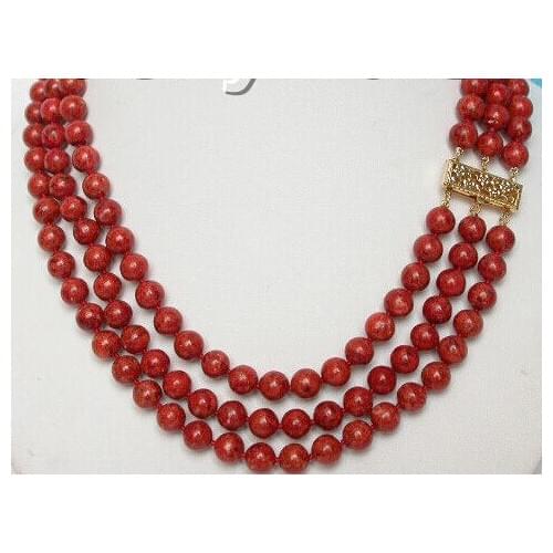 Genuine Natural 3row 8MM red sponge coral necklace 18"