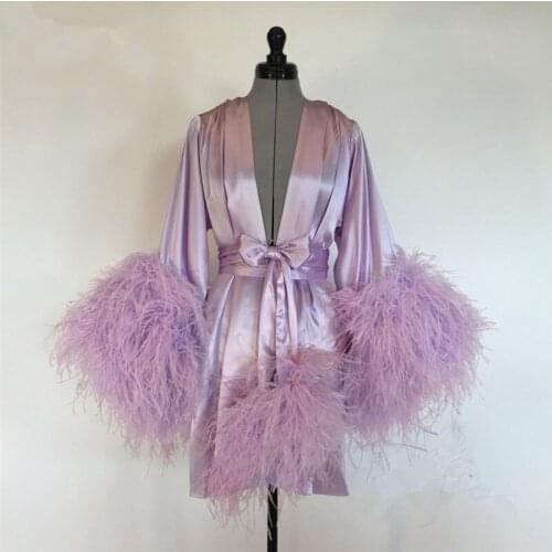 Luxury Feather Short Prom Pregnant Party Sleepwear Women Purple Bathrobe Nightgown Maternity Dress Housecoat Nightwear