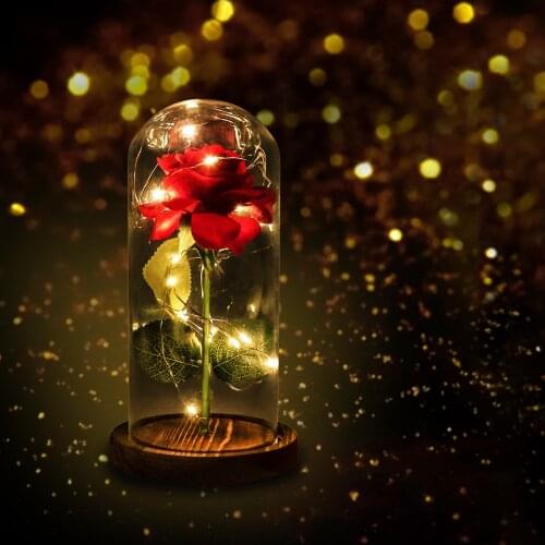Christmas Valentines Gifts Simulated Red Rose Fallen Petals Glass Dome with LED Home Decoration