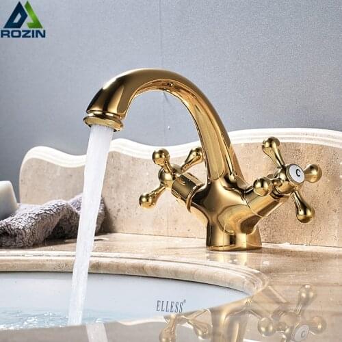 Dual Handle Bathroom Vessel Sink Mixer Taps Deck Mounted Hot and Cold Water Basin Faucet Single Hole Gold Mixer Crane Cook