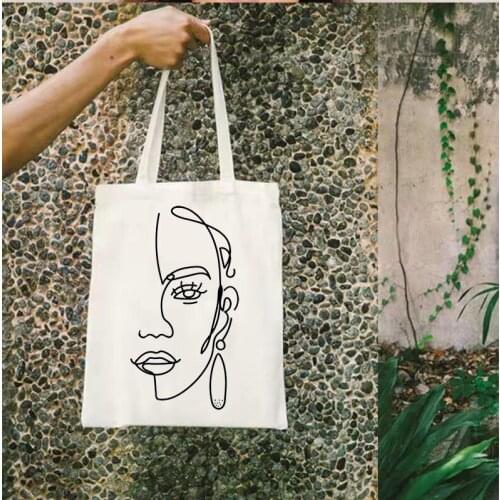 Minimalist Canvas Tote Face Art One Line Drawing Bags Reusable Beauty Art Shopping Bag Fashion Girl Power Print