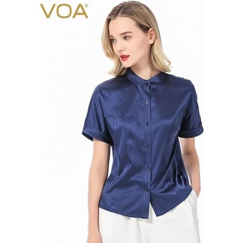 VOA Satin 19m/m Stretch Silk Half-height Stand Collar Shoulder Curled Short-sleeved Single-row Button Shirt Women B231