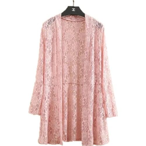 2021 Womens Long-Sleeved Lace Cardigan Plus Size 5XL Summer Women Mid-Length Mesh Tops Sun Protection Thin Shawl Coat Female