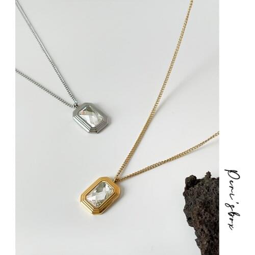 PerisBox Stainless Steel Link Chain Choker Geometric Square Charm Necklace For Women Rectangle Glass Stone Pendant Necklaces