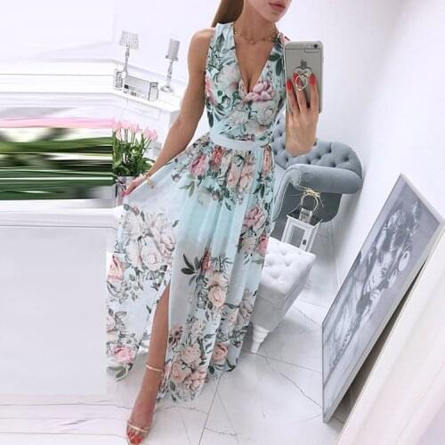 2021 Summer Floral Chiffon Dress For Women Casual V-Neck High Split Beach Style Long Dress Slim Elegant Female Sundress Vestidos