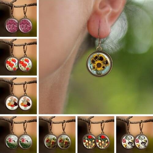 1 Pair Flower Dangle Earring Floral Glass Art Earrings Retro Statement Long Dangle Earrings DIY Jewelry Valentines Day Gift