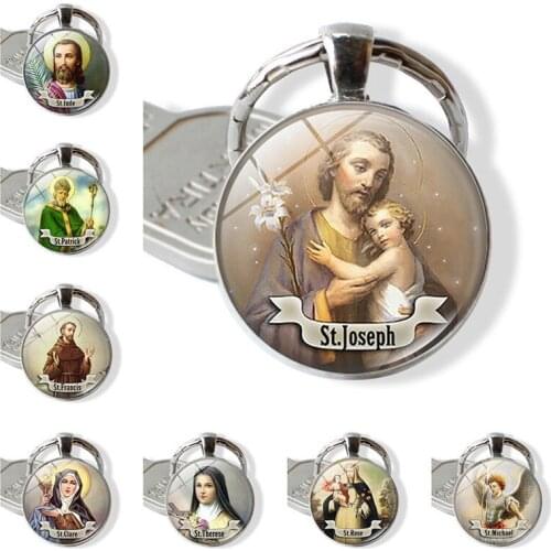 WG 1pc Saint Joseph Saints Religion Time Gem&stone Keychain Keyring Cabochon Glass Ball Pendant Jewelry