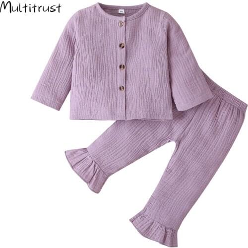 2020 Spring Autumn Infant Baby Clothes Outfits Long Sleeve Round Neck Solid Cardigan+ Ruffle Trousers 2pcs