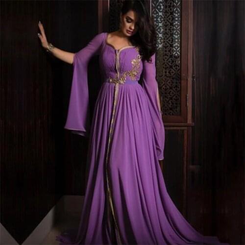 Custom Made Moroccan Kaftan Evening Dresses V Neck Long Sleeves Appliques Arabic Muslim Prom Party Gown Special Occasion Dress