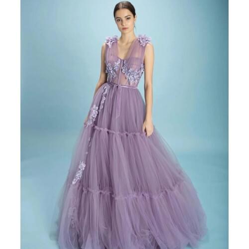 Lilac Tulle Appliques Prom Dresses 2021 V Neck Sleeveless A Line Formal Evening Party Dress Robe De Soiree